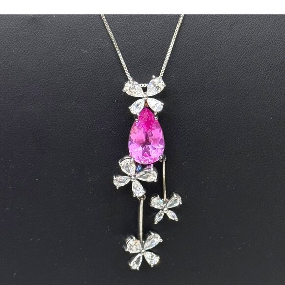 Spring Pink Sapphire & CZ Butterfly Pendant Necklace 925 Sterling Silver 18" - Picture 2 of 10